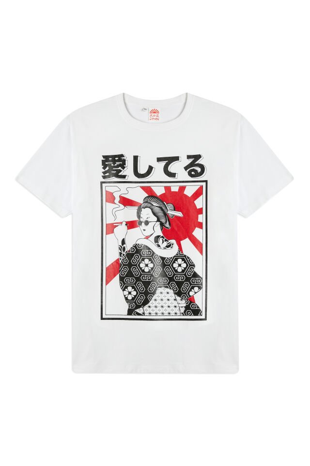 GEISHA baskılı unisex t-shirt L - Beyaz
