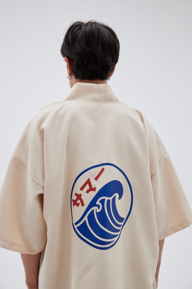 WAVE baskılı Hanten HAPPI unisex ceket Tek Beden - Ekru