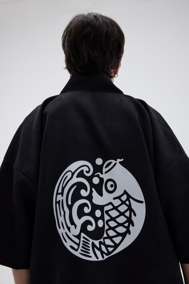 KOI FISH baskılı Hanten HAPPI unisex ceket Tek Beden - Siyah
